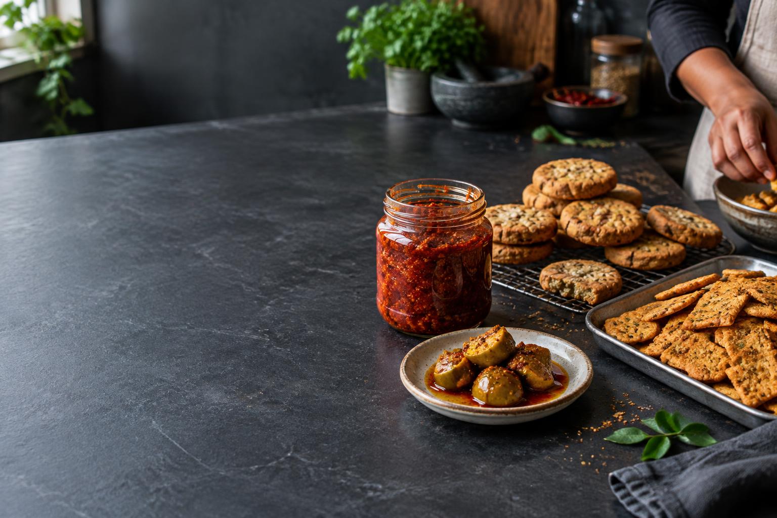 Small-batch chutney, cookies, crackers and pickles being prepared by a food maker